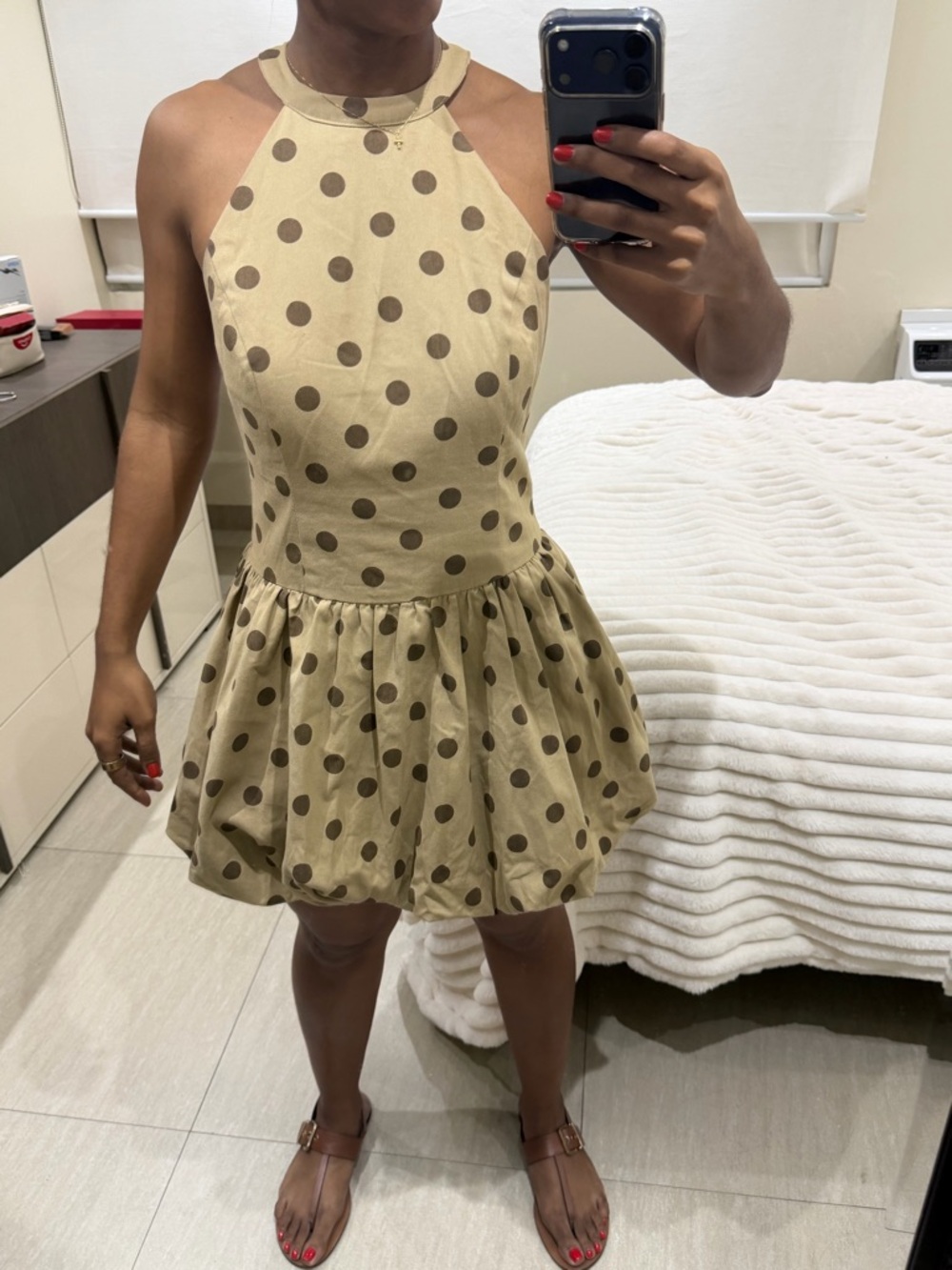 Sleeveless Halter Polka Dot Bubble Hem Mini Dress - Beige - Picture 5 of 5